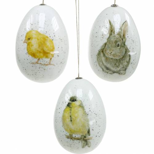 Paaseieren om op te hangen met dierenmotieven kuiken, vogel, konijn wit assorti 3st