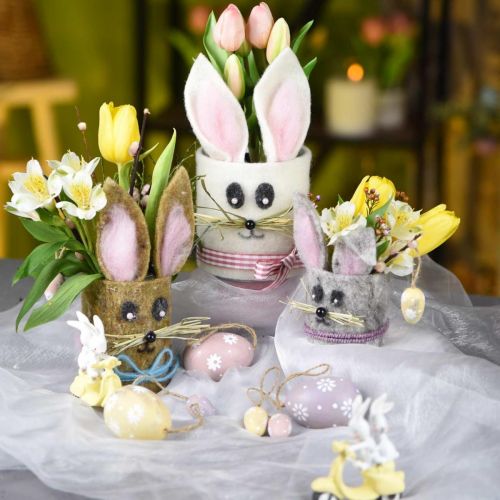 Mini paaseieren, houten eieren met bloemen, paasdecoratie paars, roze, geel H3.5cm 6st