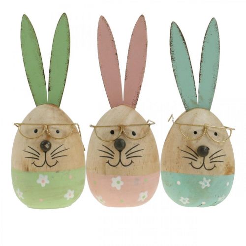 Artikel Paashaas met bril decoratief figuur houten ei Ø5cm H13.5cm 3st