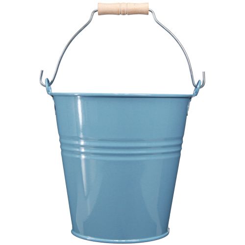 Artikel Emmer metaal blauwe plantenpot met houten handvat 26x22,5x23cm