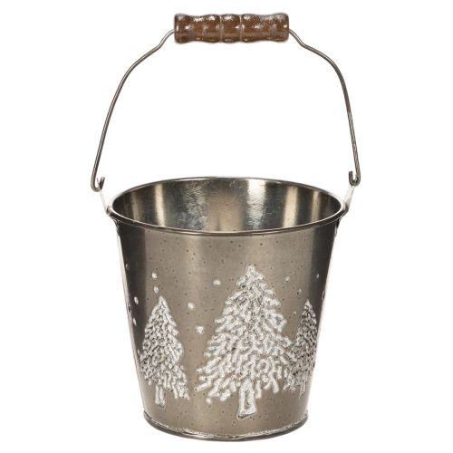 Decoratieve emmer met dennenbomen en houten handvat, 13 cm