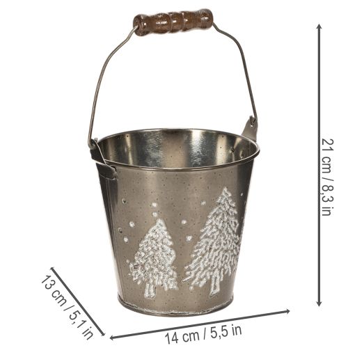 Decoratieve emmer met dennenbomen en houten handvat, 13 cm | Floristik24.nl