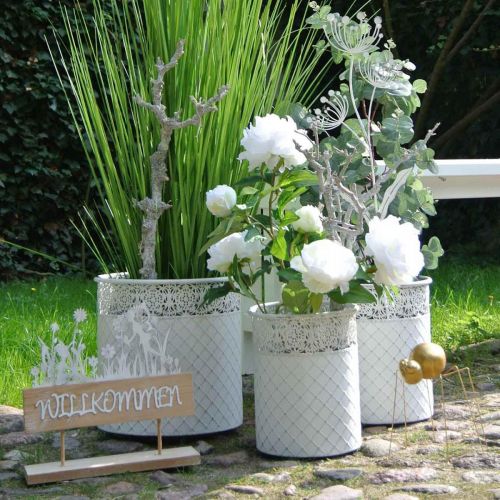 Artikel Bloempot met kantpatroon, metalen schaal, decoratieve emmer wit, zilver shabby chic H28/25.5/23.5 cm Ø29.5/25.5/20 cm set van 3