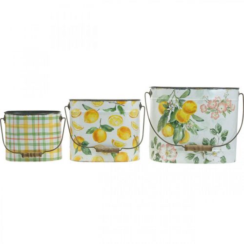 Artikel Metalen pot groen-geel, zomerdecoratie, emmer met handvat, mediterraan citroenmotief L28/22.5/cm H23/18/15cm
