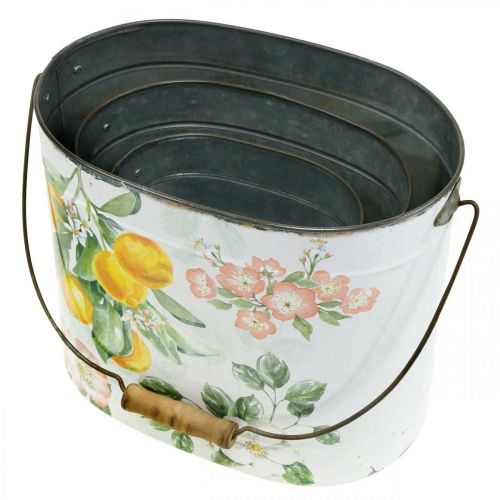 Artikel Metalen pot groen-geel, zomerdecoratie, emmer met handvat, mediterraan citroenmotief L28/22.5/cm H23/18/15cm