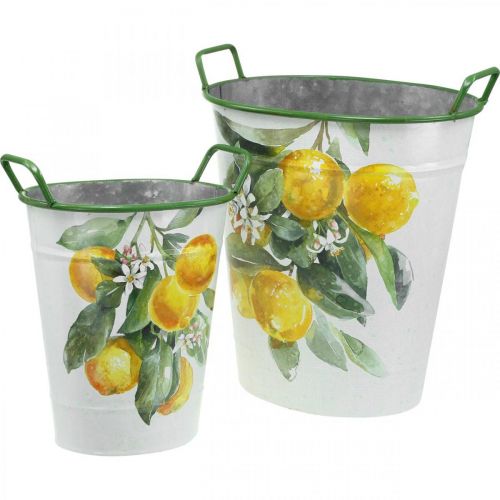 Mediterrane blikken kuip, plantenbak met citroenmotief wit, groen, geel H43.5/34cm B36.5/27.5cm set van 2