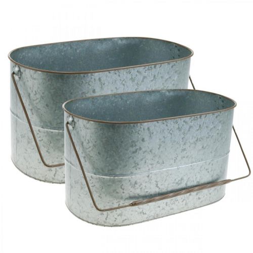 Floristik24 Plantenschaal met handvat, metalen pot, plantenbak zilver, bruin H22/20cm L42/40cm set van 2