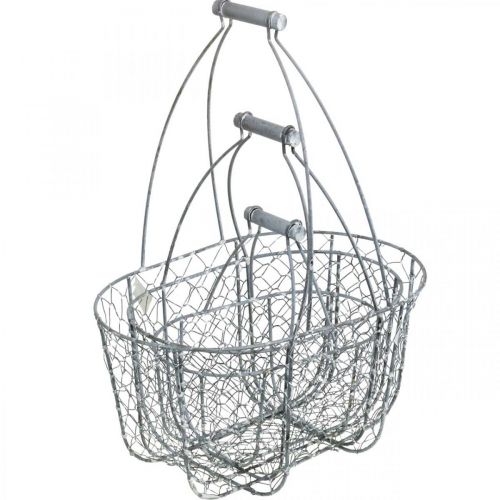 Artikel Draadmand met handvat, manden nostalgisch, metalen mand shabby chic, antiek look zilver, wit L35/30/25cm H46.5/35/25cm set van 3