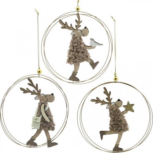Rendier om op te hangen, kersthanger, adventsdecoratie in een ring Ø15cm set van 3