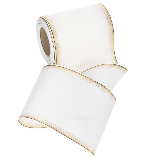 Elegant Moiré-kranslint, 125 mm, wit met gouden rand - Hoogwaardig decoratief lint voor bloemisterij en feesten | Floristik24.nl