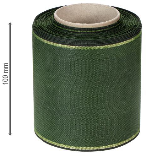 Artikel Elegant moiré groen kranslint met gouden rand, 100 mm x 25 m, voor rouwbloemen en decoratie.
