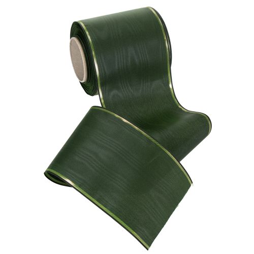 Artikel Elegant moiré groen kranslint met gouden rand, 100 mm x 25 m, voor rouwbloemen en decoratie.