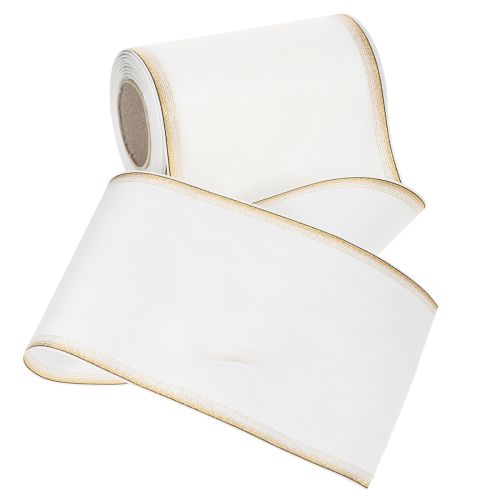 Elegante moiré krans met gouden rand, huwelijksdecoratie, rouwlint, wit 150mm x 25m | Floristik24.nl