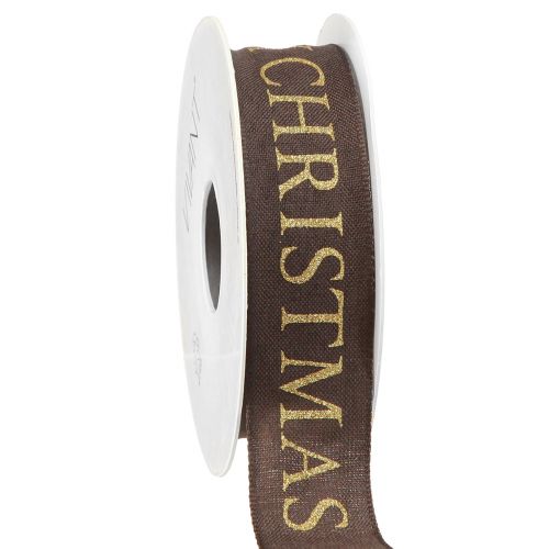 Artikel Elegant kerstlint in donkerbruin met gouden &#39;Merry Christmas&#39; opschrift, breedte 25 mm, lengte 15 m