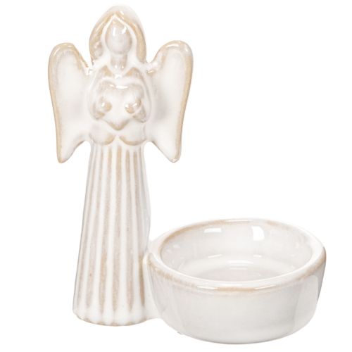 Engelenkomdecoratie met klein figuurtje en ronde theelichthouder 10 cm, 3 stuks