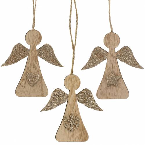 Deco hanger houten engel glitter 10cm 12st