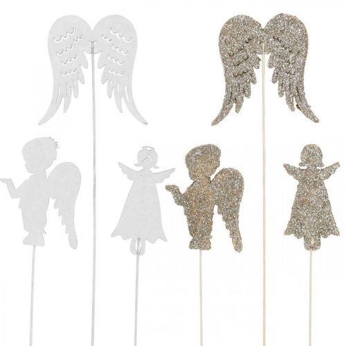 Floristik24 Adventsplug engel, vleugels om op te plakken, houten engel, kerstversiering naturel, wit, gouden glitter 18 stuks