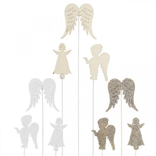 Floristik24 Adventsplug engel, vleugels om op te plakken, houten engel, kerstversiering naturel, wit, gouden glitter 18 stuks