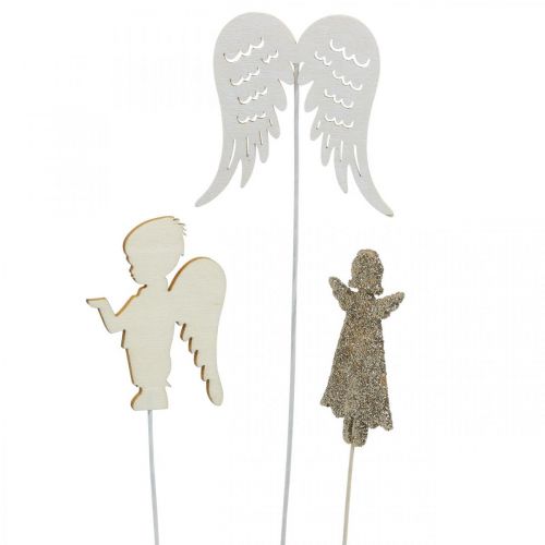 Artikel Advent plug engel, vleugels om te plakken, houten engel, kerstdecoratie natuur, wit, goud glitter 18st