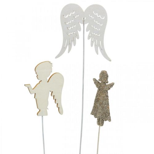 Floristik24 Adventsplug engel, vleugels om op te plakken, houten engel, kerstversiering naturel, wit, gouden glitter 18 stuks