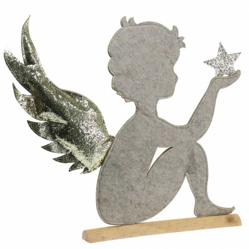 Kerst engelenstandaard op berkenstam vilt crème, goud H46cm