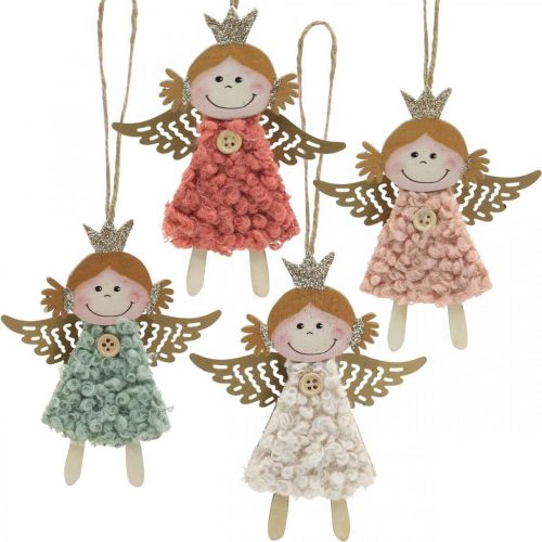 Floristik24 Engelen om op te hangen, kerstversiering, kerstboomversiering roze / roze / blauw / wit H12cm set van 4