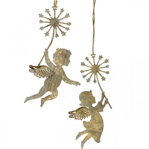 Floristik24 Engel met paardenbloem, kerstversiering, decoratieve hanger, metalen decoratie gouden antieke look H16/15cm 4st