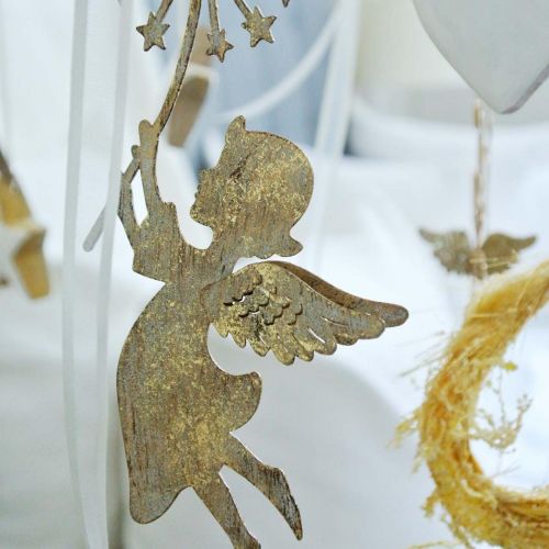Artikel Engel met paardenbloem, kerstversiering, decoratieve hanger, metalen decoratie gouden antieke look H16/15cm 4st