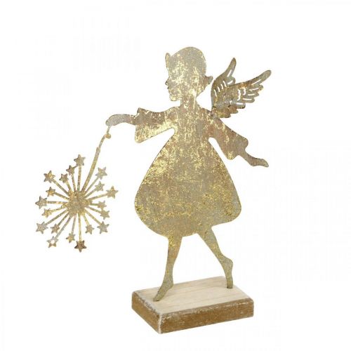 Floristik24 Decoratieve engel met paardenbloem, adventsdecoratie van metaal, kerstengel gouden antieke look H21cm