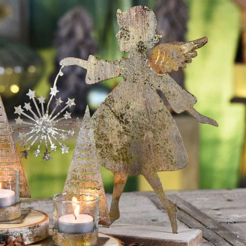 Floristik24 Decoratieve engel met paardenbloem, adventsdecoratie van metaal, kerstengel gouden antieke look H21cm
