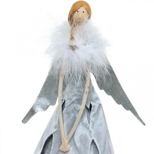 Floristik24 Deco engel figuur met veren boa grijs metalen decoratie Kerst 38cm