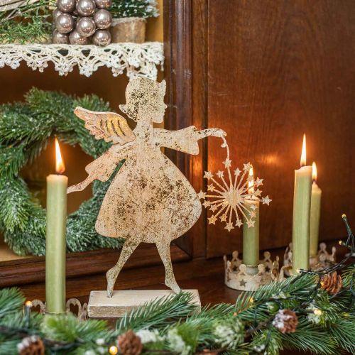 Artikel Engel met paardenbloem, metalen decoratie voor Kerstmis, decoratiefiguur Advent gouden antieke look H27.5cm