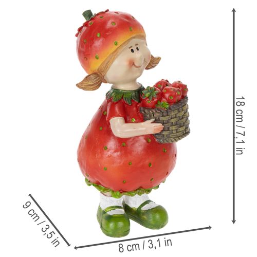 Artikel Decoratief beeldje van een aardbeienmeisje voor zomerdecoratie, schattig beeldje voor woonkamer en balkon, 18 cm