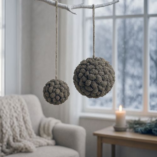 Artikel Elzenkegel decoratieve bol om op te hangen, wit gekalkt, 20 cm