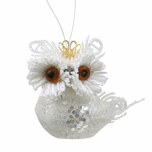 Floristik24 Decoratieve uil met kroon om op te hangen wit, glitter 6,5 × 8cm 6st.