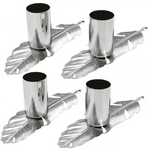 Floristik24 Veren met kandelaar, metalen veren, kandelaar zilver Ø2.2cm L13cm 4st