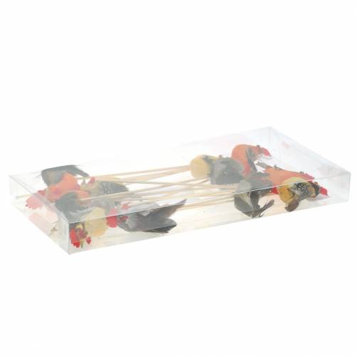 Floristik24 Haan met echte veren op stok oranje, geel, bruin assorti H5-6cm 12 st