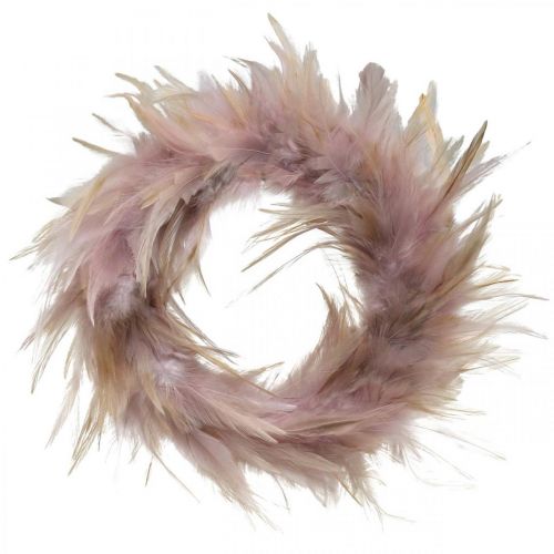 Decoratieve verenkrans roze, bruinrood Ø16,5cm echte veren