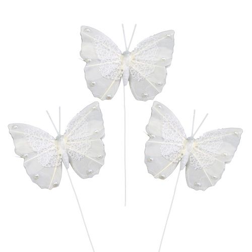 Floristik24 Veer vlinder 8cm met draad wit 12st