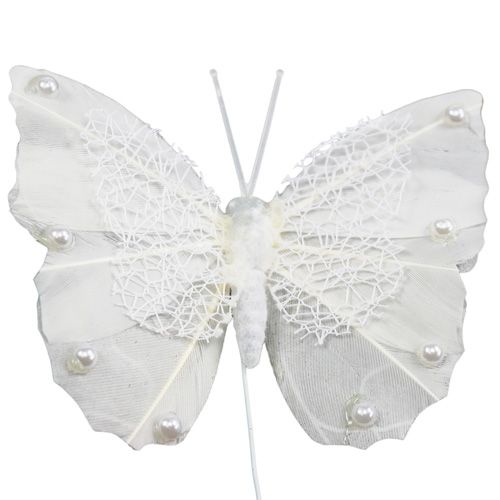 Artikel Veer vlinder 8cm met draad wit 12st
