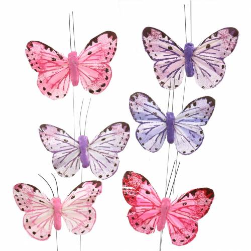 Floristik24 Veer vlinder metaaldraad roze, paars 7cm 12 st