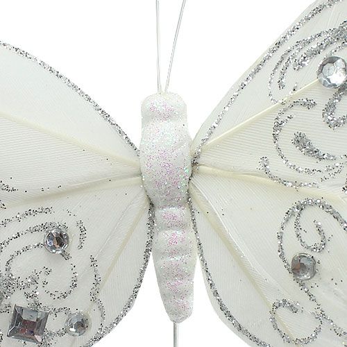 Artikel Veer vlinder met strass steentjes, glitter wit 10,5cm 4st