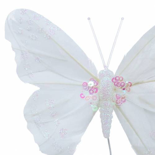 Veer vlinder op draad 12cm wit 3st