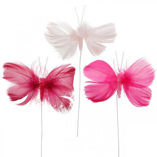 Floristik24 Veer vlinders roze/roze/rood, deco vlinders op draad 6st
