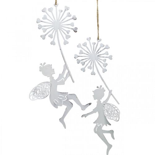 Fee met paardenbloem, lentedecoratie om op te hangen, metalen hanger wit, zilver H25.5/27.5cm 4st