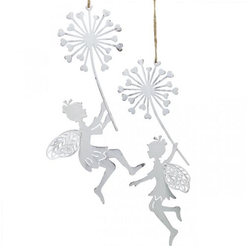 Floristik24 Fee met paardenbloem, lentedecoratie om op te hangen, metalen hanger wit, zilver H25.5/27.5cm 4st