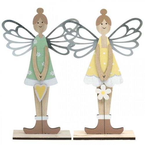 Artikel Decoratieve elf, lentedecoratie, elfje om op te staan, houten decoratie groen, geel H34cm set van 2