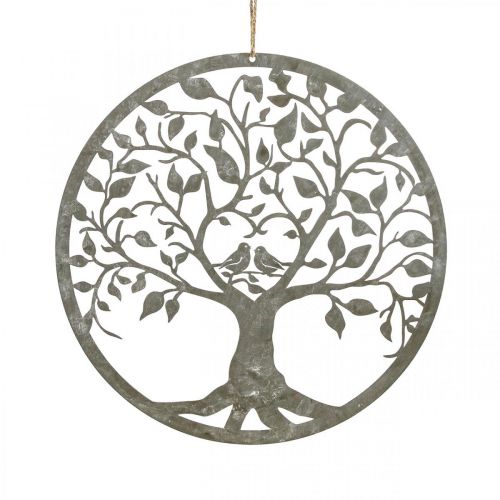 Raamdecoratie veer, hangdecoratie metaal boom grijs Ø25cm 2st