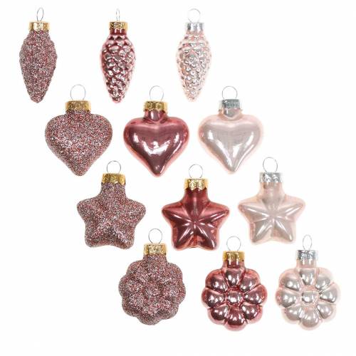 Artikel Mini Kerstboomdecoratie mix assorti glas roze, roze 12 stuks