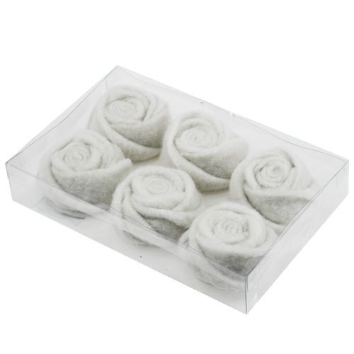 Floristik24 Vilt roos wit Ø8cm H4cm 6st